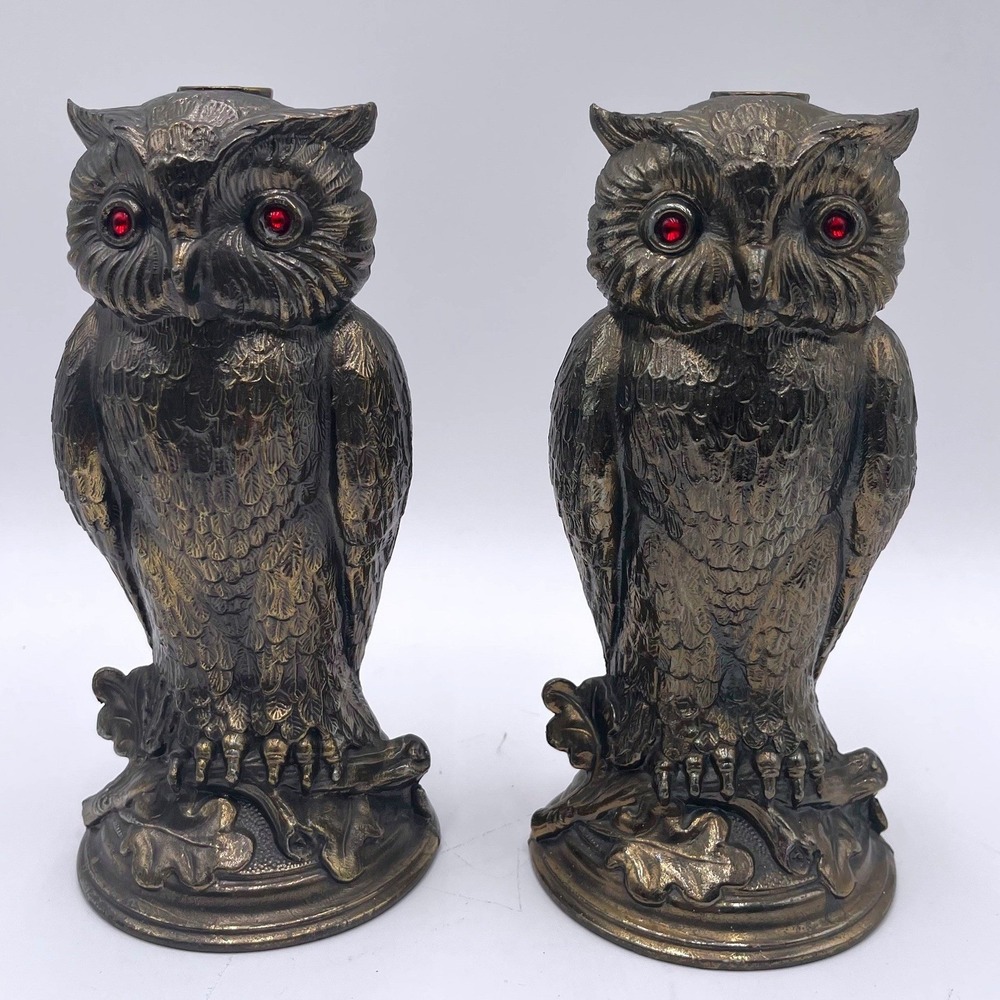 Pair Vintage Metal Owl Lamp‎ Base L&L WMC Loevsky & Loevsky Stamped Makers Mark